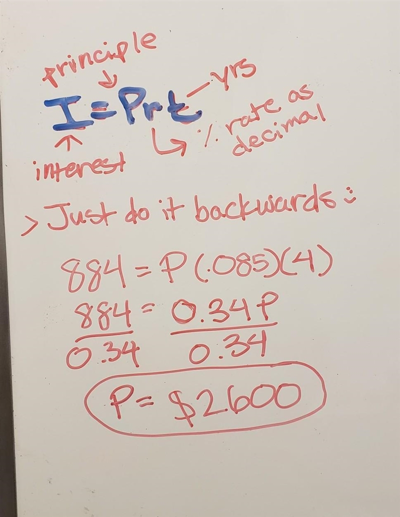 Interest = $884 for 4 years; 8.5% annual interest rate (principle=?)-example-1