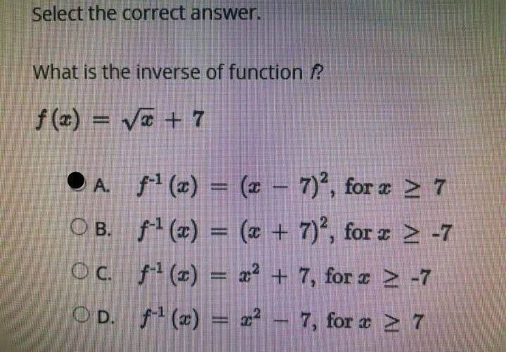 Need this soon please - Select the correct answer. What is the inverse of function-example-1