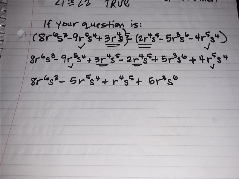 What is the difference of the polynomials? (8r6s3 - 9r5s4 + 3r4s5) - (2r4s5 - 5r3s-example-1