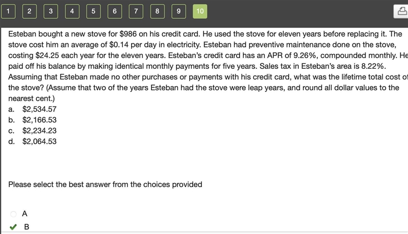 Esteban bought a new stove for $986 on his credit card. He used the stove for eleven-example-1