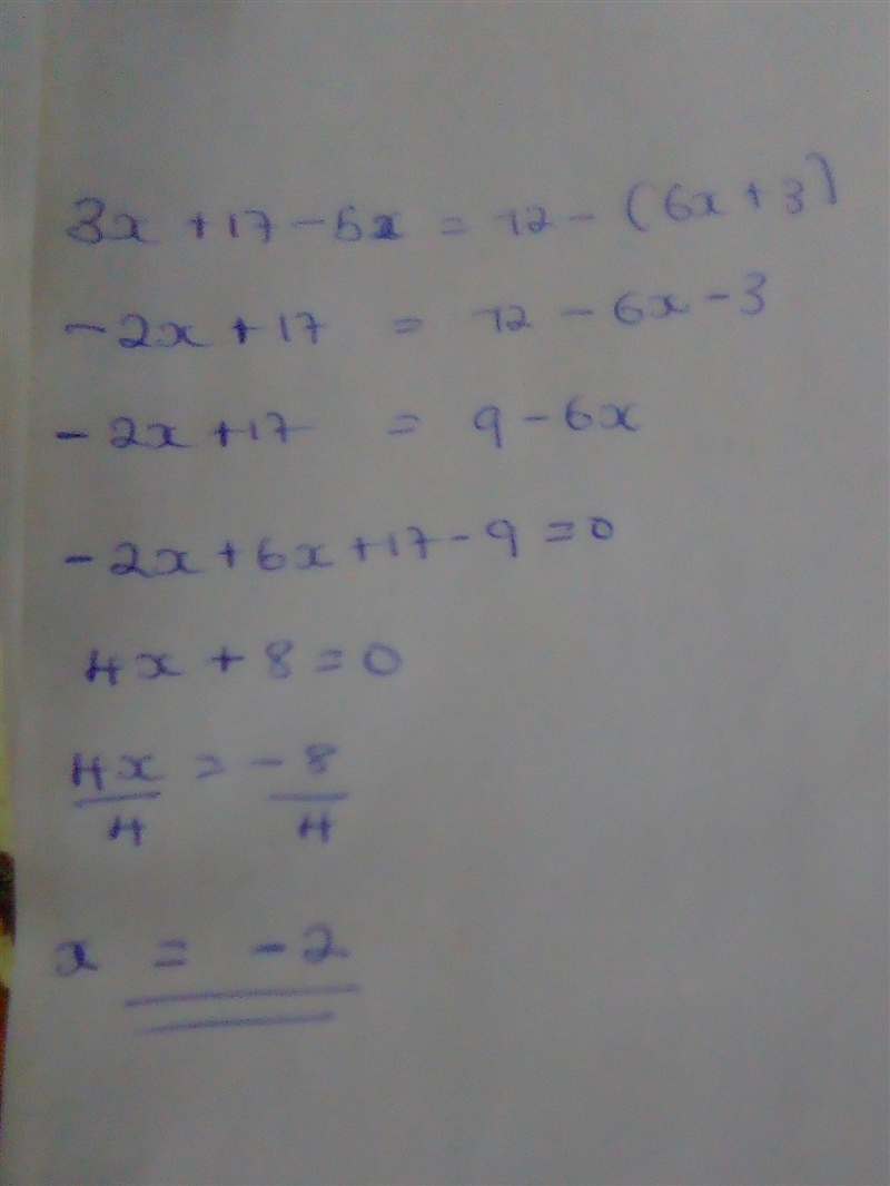 Solve: 3x + 17 – 5x = 12 – (6x + 3)-example-1