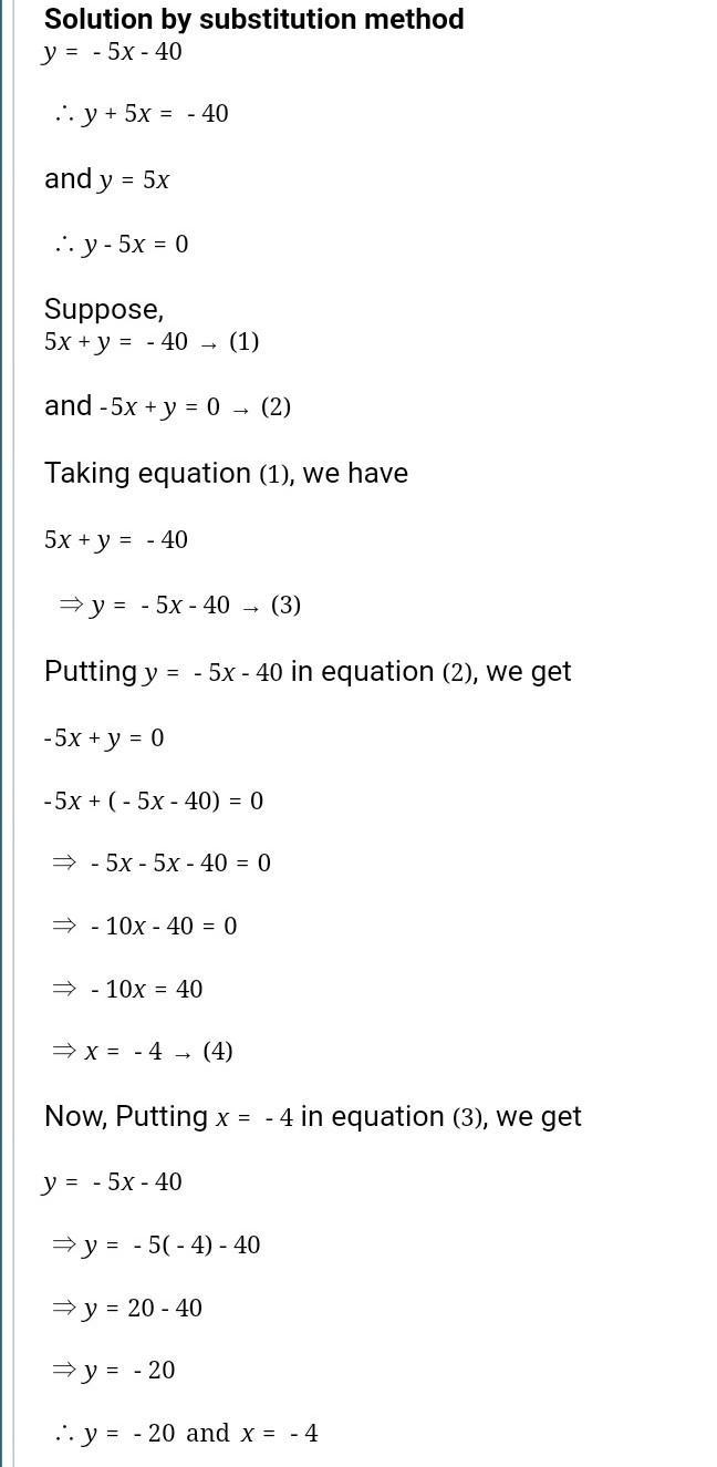 Solve the system by substitution. y = -5x - 40 y = 5x-example-1