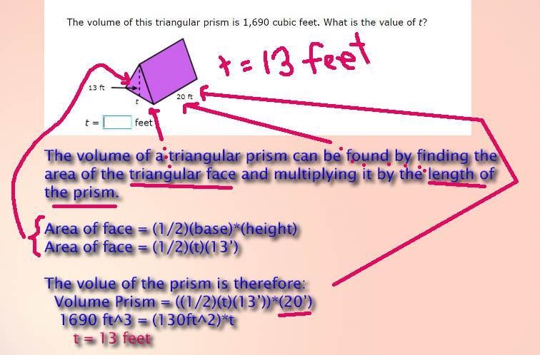 The volume of this triangular prism is 1,690 cubic feet. What is the value of t?-example-1