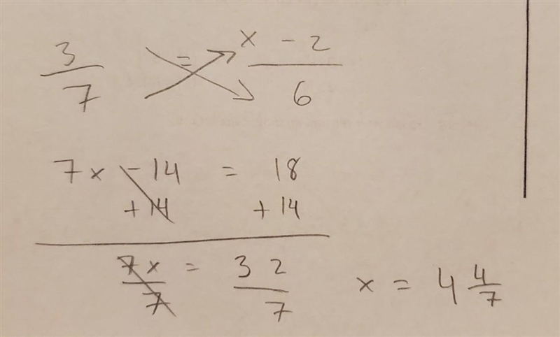 Solve the proportion 3/7 = x-2/6-example-1