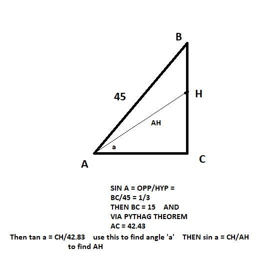 In a triangle ABC angle C is 90°, CH height, AB is 45, sin A = 1/3 find AH. Please-example-1