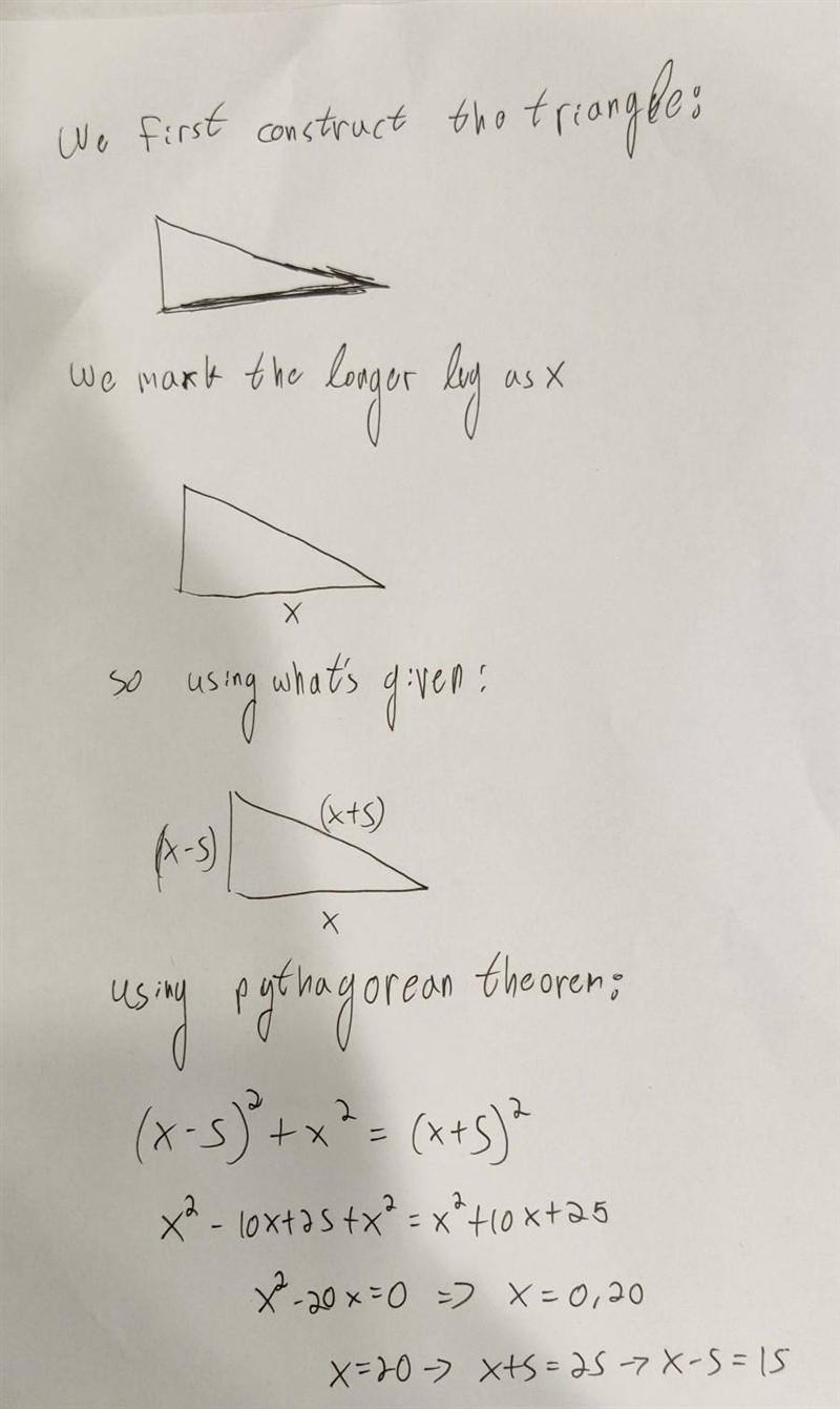 The shorter leg of a right triangle is 5cm shorter than the longer leg. The hypotenuse-example-1