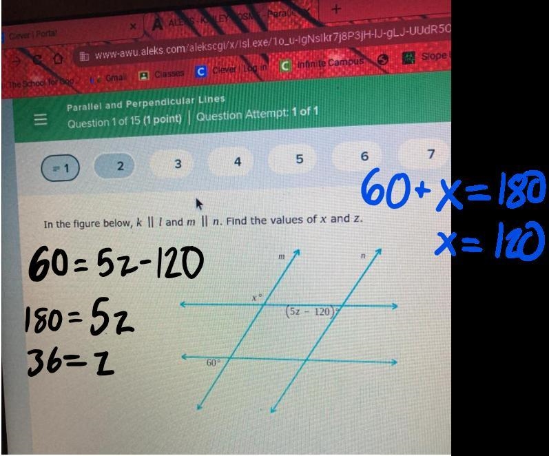 In the figure below, k Il and m || n. Find the values of x and z. A-example-1