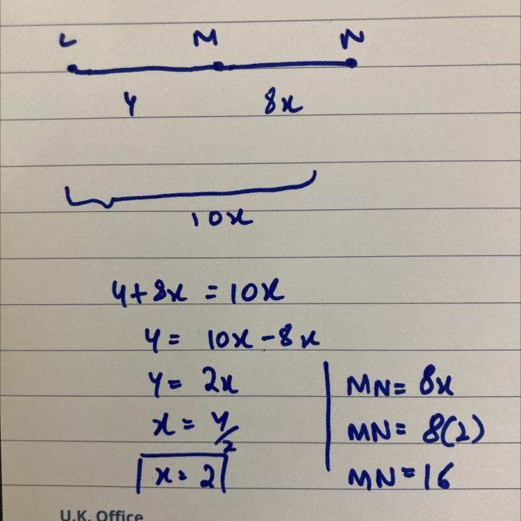 If LM = 4, MN = 8x, and LN = 10x, what is MN?-example-1