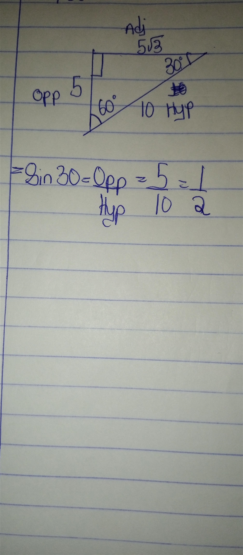 Given right triangle QRS, what is the value of sin(30o)? Options 1. 1/2 2. √3/3 3. 2/1 4. √3/2-example-1