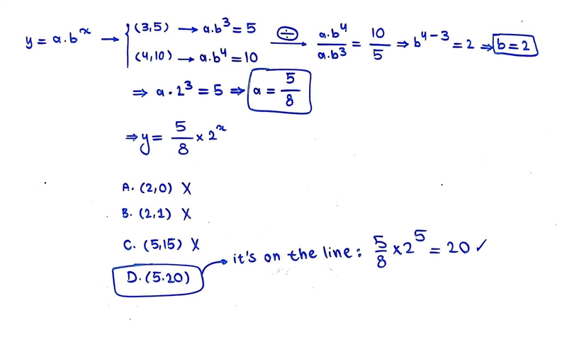 The graph of an exponential model in the form y=a•b^x passes through the points (3,5) and-example-1