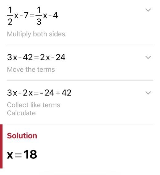 Solve this equation 1/2x−7=1/3(x−12)-example-1