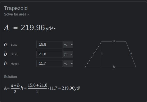 What is the area of a trapezoid with bases of 15.8 yd and 21.8 yd and a height of-example-1