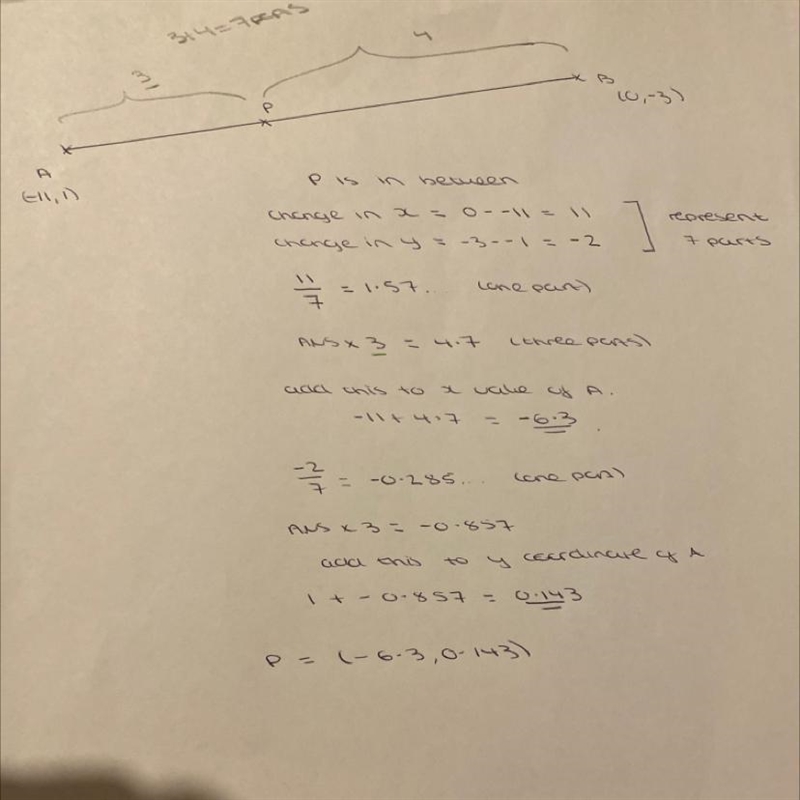 find the point P along the directed line segment from point A(-11,1) to point B(0,-3) that-example-1