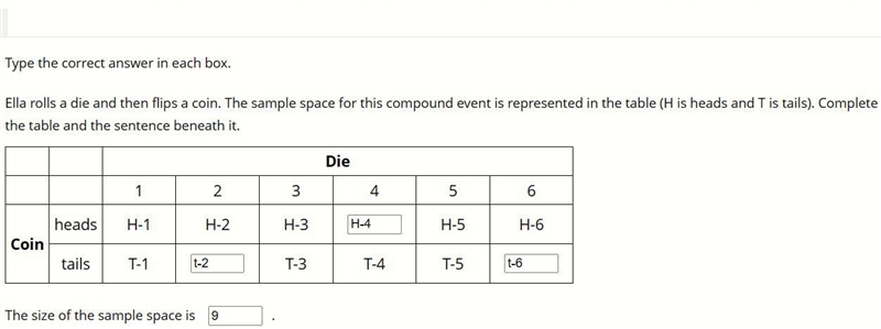 Type the correct answer in each box. Ella rolls a dle and then flips a coin. The sample-example-1