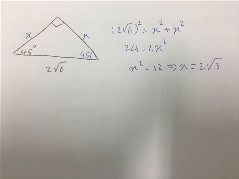 Geometry!!! Find the lengths of the 45°-45°-90° Triangle-example-1