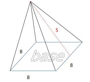 5. A square pyramid has a slant height of 5 meters. The perimeter of the base is 32 meters-example-1