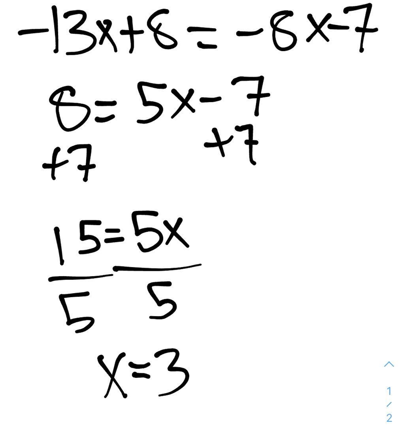 Solve for x: Answer: -13x+8 = -8x - 7 Submit Answe​-example-1