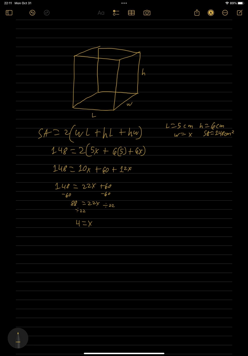 The dimensions of a rectangular prism are 5 cm, 6m, and x cm. Its surface area is-example-1