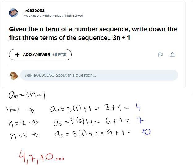 Given the n term of a number sequence, write down the first three terms of the sequence-example-1