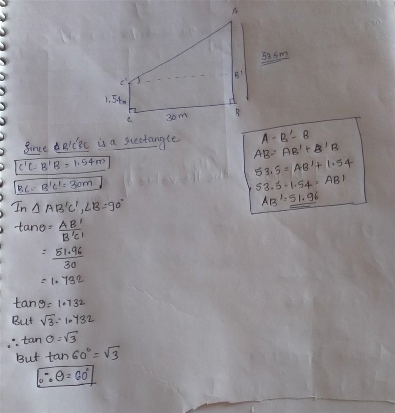 A girl 1.54m girl, is 30m away from tower whose height is 53.5m. determine the angel-example-1