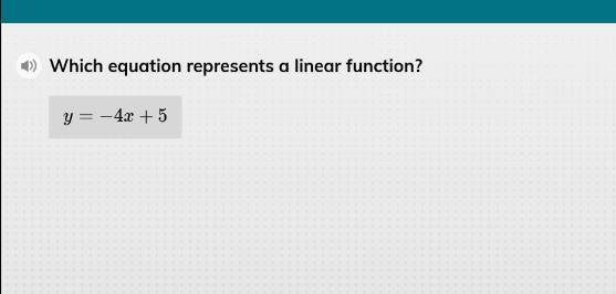 Which equation represents a linear function? y = 2x² y = x³ y = -4x + 5 y=-3x² + 2-example-1