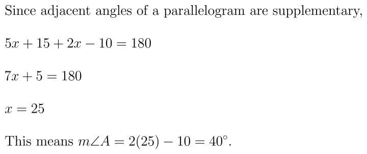 In the parallelogram shown, find the measure of ∠A.-example-1