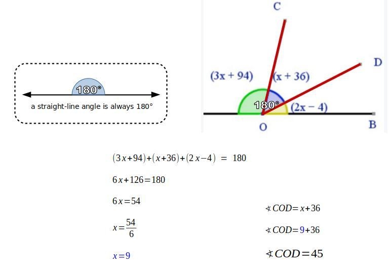 Hegarty maths angles Given that A, O & B lie on a straight line segment, evaluate-example-1