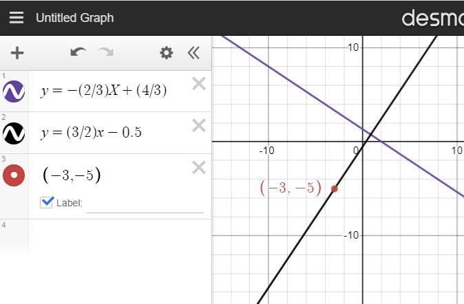 Write the equation of a line perpendicular to 2x + 3y = 4 and passing through (-3,-5).-example-1