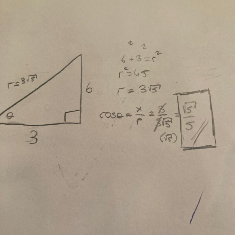 If x = 3, y = 6, then cosO is equal to: 3√5. √5/5 9. 15.-example-1