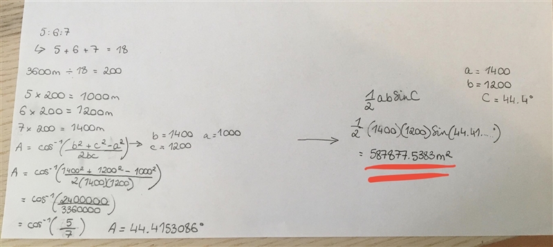 The sides of a triangular field are in the ratio of 5:6: 7. If its perimeter is 3600 m-example-1