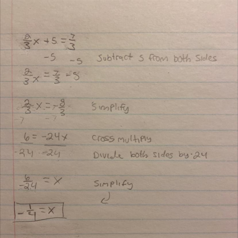 2/3x+5=7/3 How do you solve this!-example-1