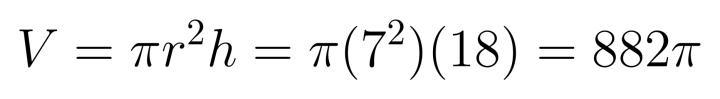 Find the exact volume of the radius is 7 inches and the height is 18 inches.-example-1