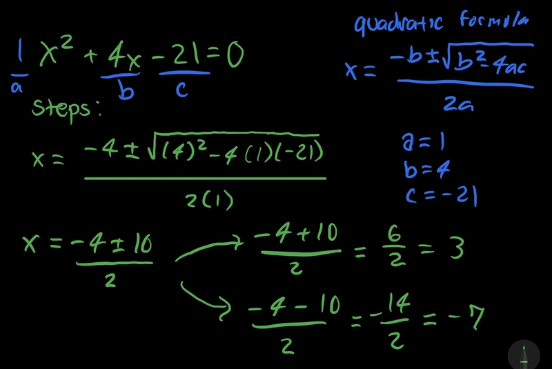 Using the quadratic formula, what are the zeros of f(x) = x² + 4x - 21​-example-1