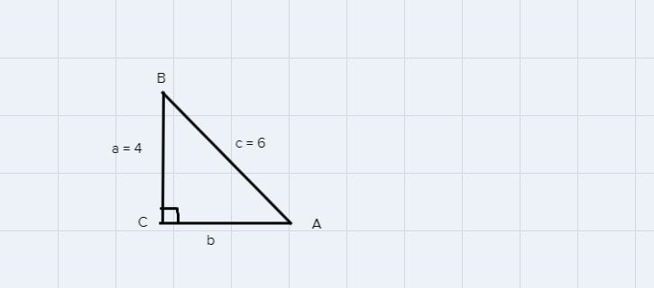 In triangle ABC, with right angle at C, if c=6 and a =4, the CosA =-example-1