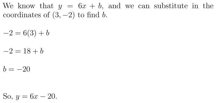 Write an equation in slope intercept form of the line that has a slope of 6 and goes-example-1