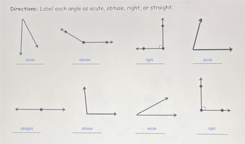 Directions: Label each angle as acute, obtuse, right, or straight. L 기 1-example-1