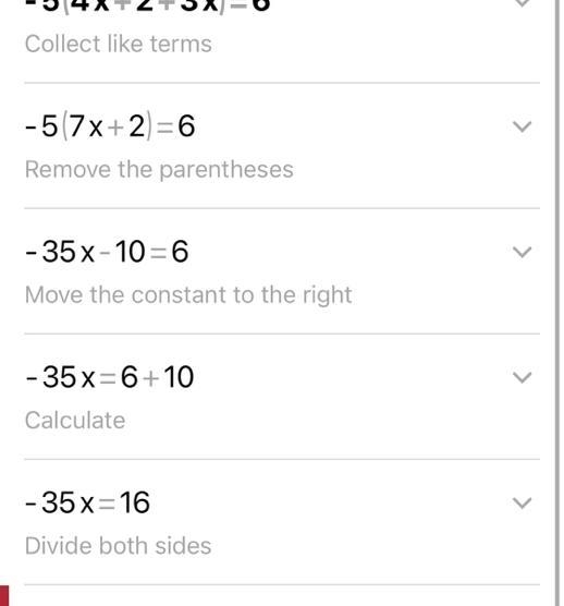 Which equation is equivalent to −5(4x+2+3x) = 6? a.)-45x = 6 b.)-35x = -20 c.)-35x-example-1