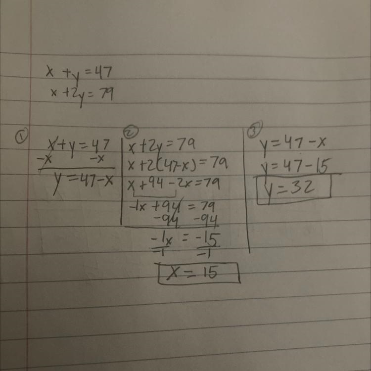 Resuelve las ecuaciones x+y=47 x+2y=79-example-1