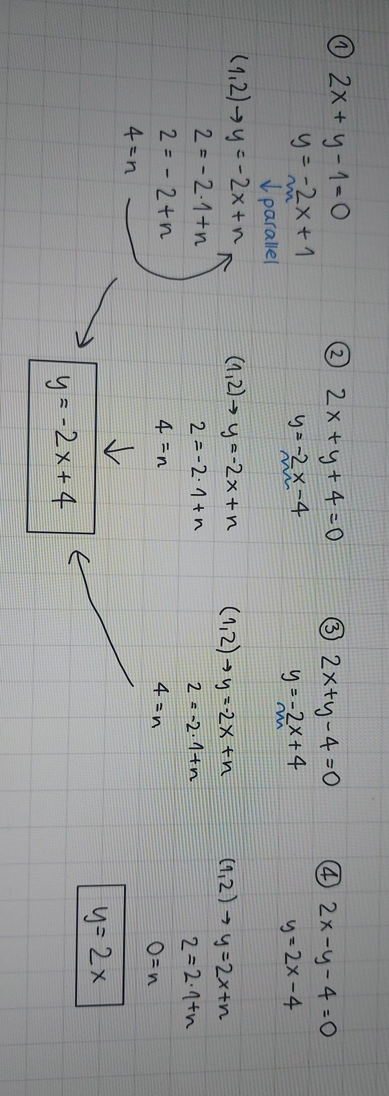 What is the equation of the line that passes through (1, 2) and is parallel to the-example-1