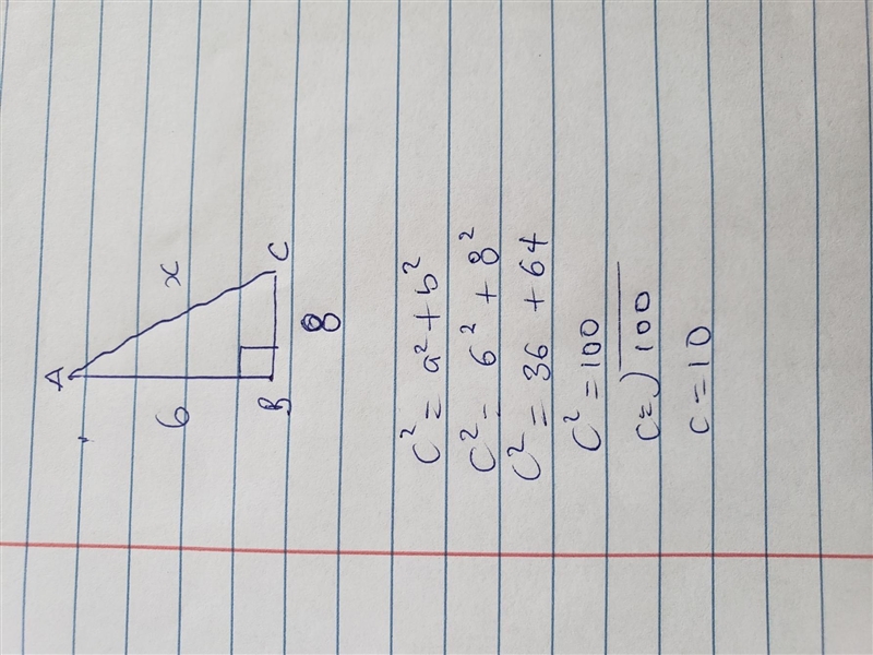 ABC right angled triangle In B whose AB= 6cm BC= 8cm find the hypothenuse AC-example-1