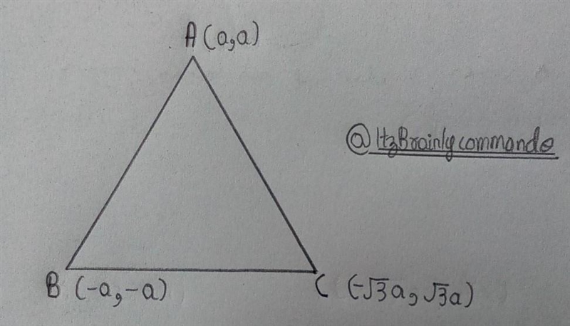 Show that the points (a, a),(-a, - a) and (-√3a, √3a) are the vertices of an equilateral-example-1