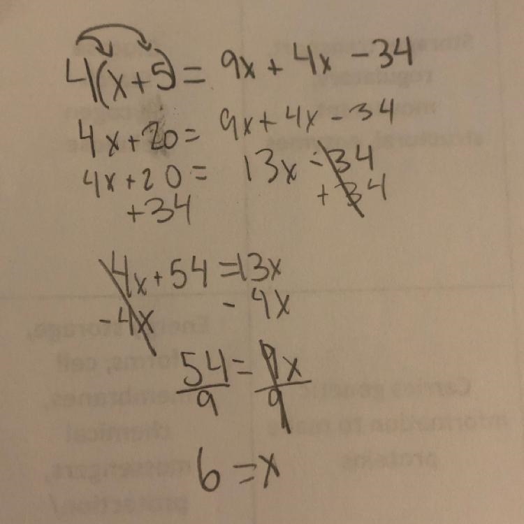 Part A: Solve the equation 4(x + 5) = 9x + 4x − 34, and show your work. (5 points-example-1