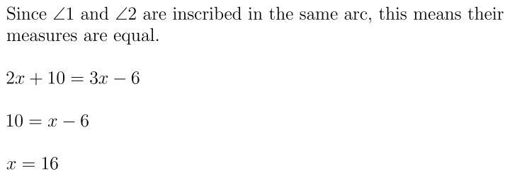 30 POINTS! Find x if ∠m1 = 2x + 10 and m∠2 = 3x - 6 Answer choices: 42, 24, 4, 16-example-1