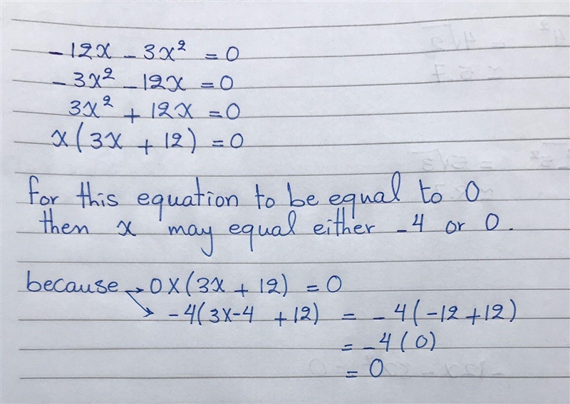 Solve -12x-3x²=0 by factoring. The solutions are x = and x =-example-1