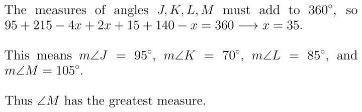 Quadrilateral JKLM is inscribed in a circle. Quadrilateral JKLM's angles are described-example-1