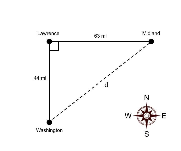 Washington is 44 mi south of lawrence. midland is 63 mi east of lawrence. how far-example-1