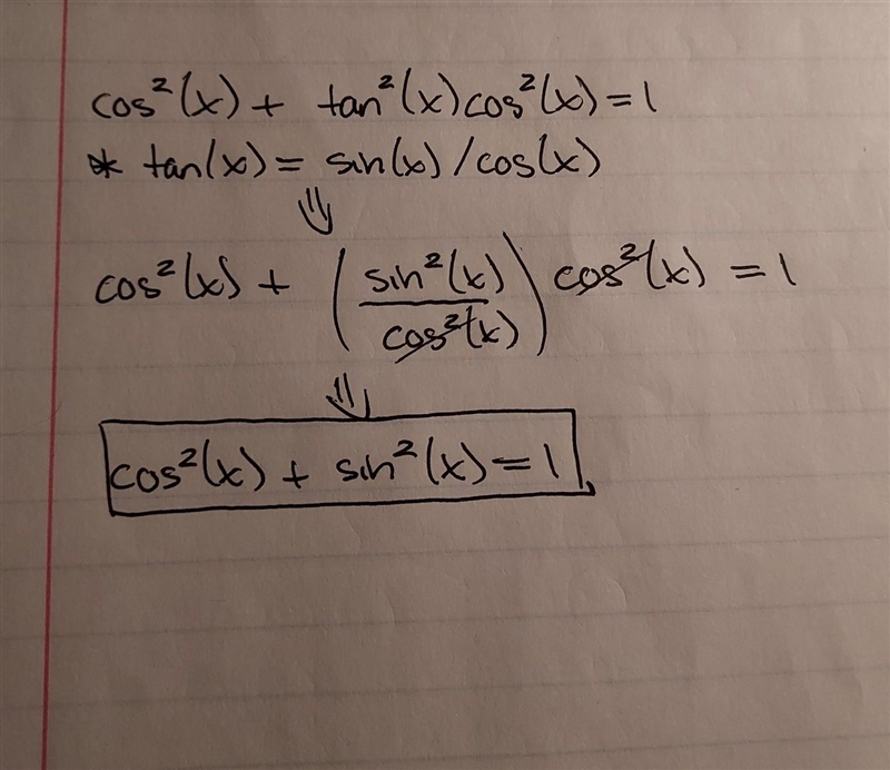 Cos^2x + tan^2x cos^2x = 1 I need help verifying the trig function with steps.-example-1