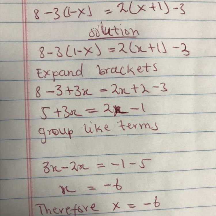 1. Which is the solution of 8 -3(1-x) = 2(x + 1)-3? Ax=-6 B © x= D x = 9/10 6550 x-example-1