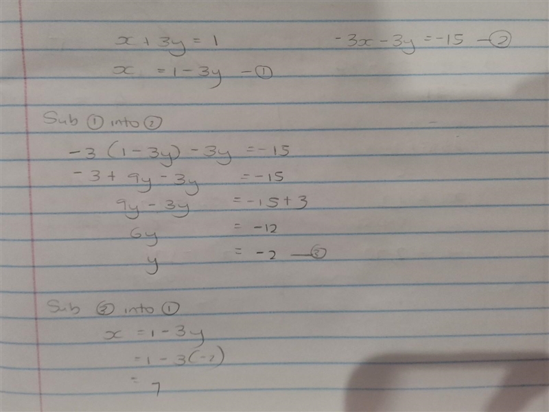 Solve as a whole number x + 3y = 1 -3x - 3y = -15-example-1