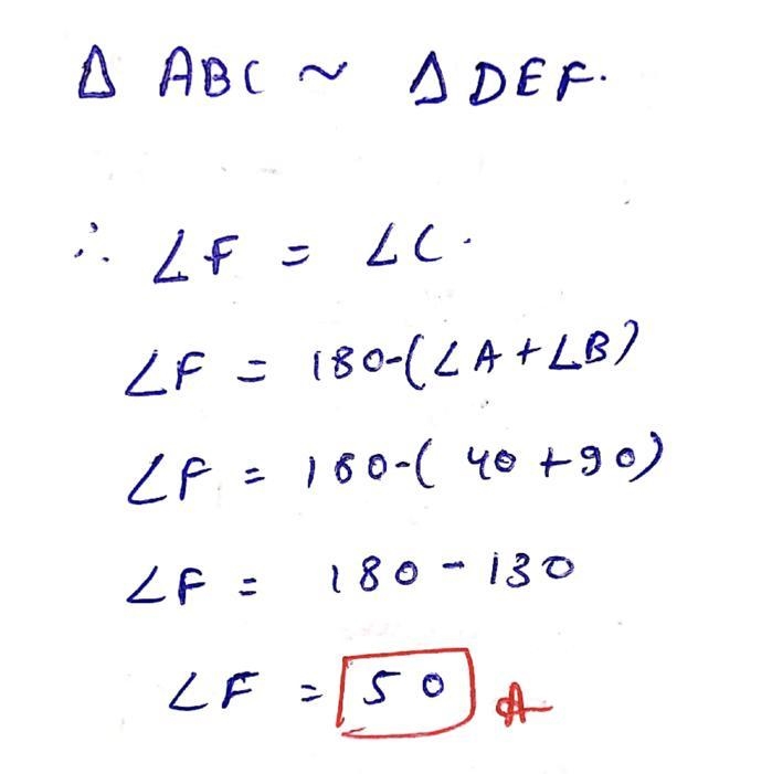 Triangle DEF is similar to triangle ABC. What is the measure, in degrees, of F?-example-1